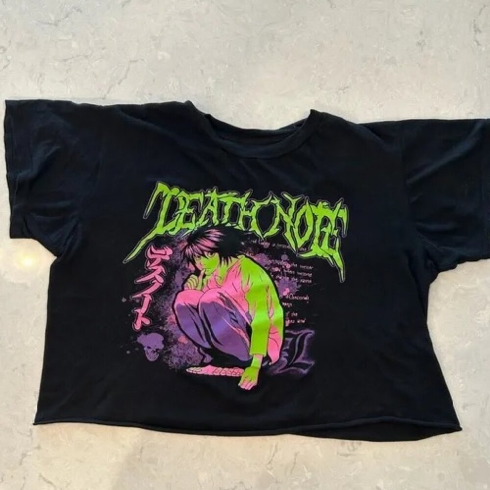 Ripple Junction Black T-Shirt with Neon Green and Purple Death Note Design